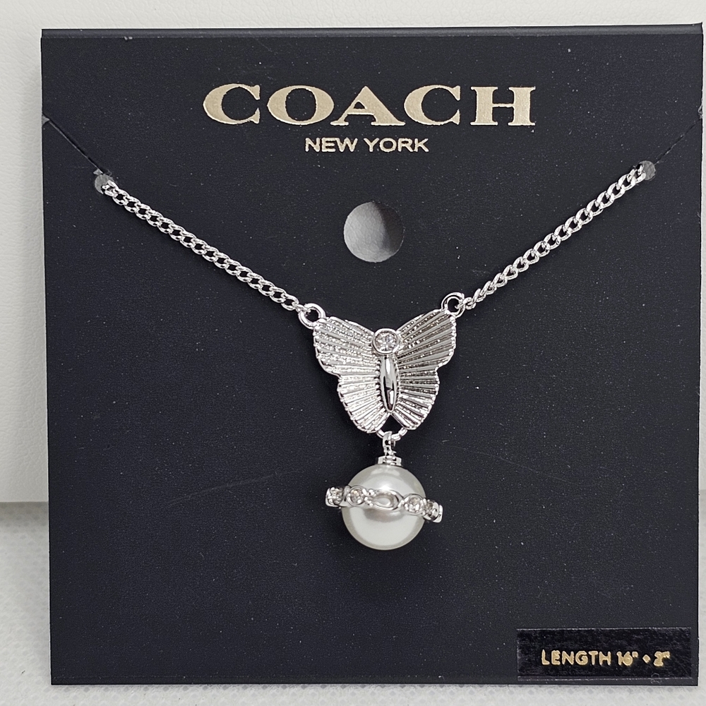 Coach Signature Heritage Butterfly Cultivated Pearl Pendant Necklace